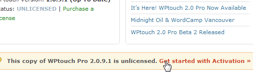 WPTouch Get Started link