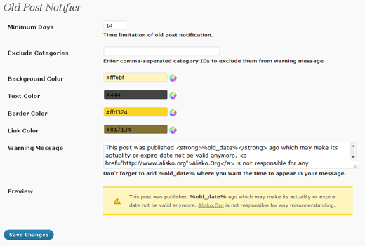 Settings Page for Old Posts Notifier Plugin