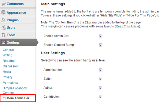 WP Custom Admin Bar Settings