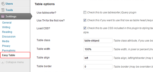 Easy Table for WordPress Settings Easy Table for WordPress Settings