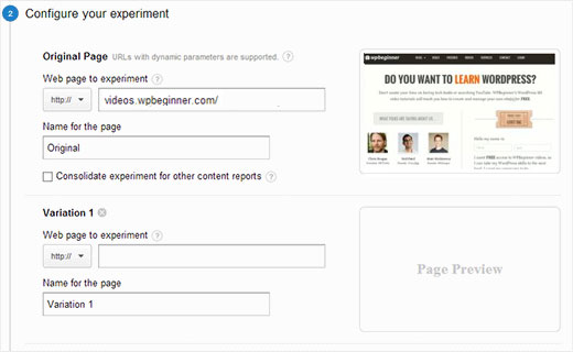 Adding page variations in Google Analytics Content Experiments for A/B Testing