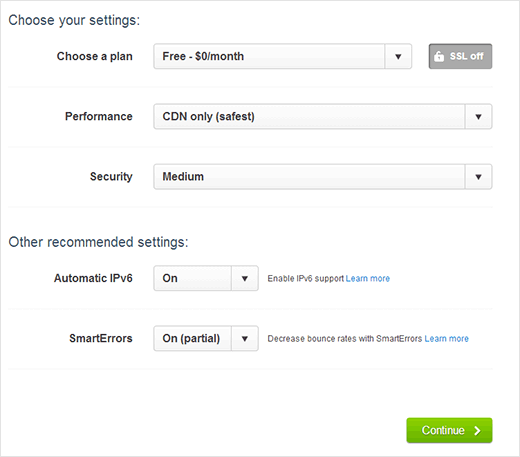 Choose a plan for your CloudFlare Service