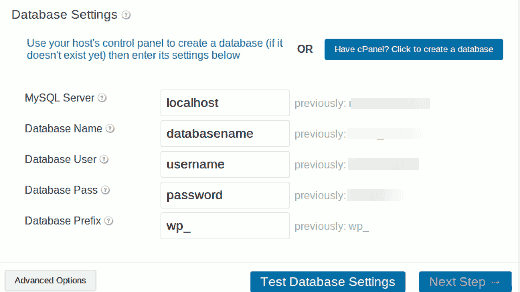 Enter your new database information for migration