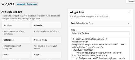 Adding signup form code in widgets