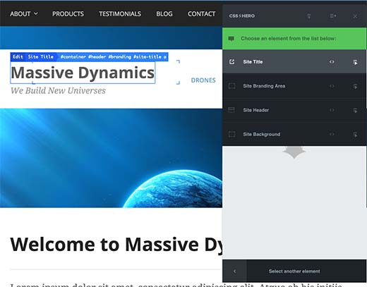 Selecting an element for customization in CSS Hero