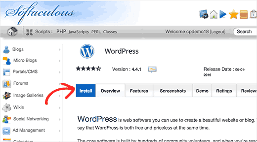 Click on the install tab to continue installing WordPress using Softaculous