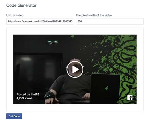 Facebook видео встроить генератор кода