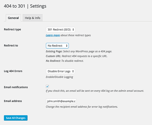 Setup notification and redirect settings with 404 to 301 plugin for WordPress