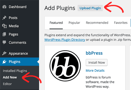 Uploading a plugin from WordPress admin area