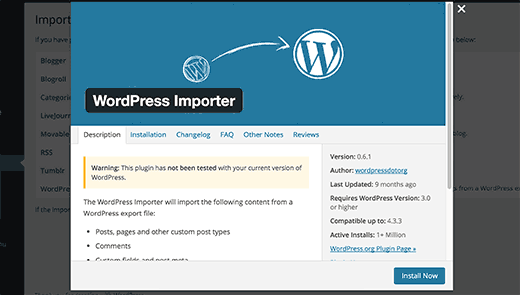 Installing WordPress importer