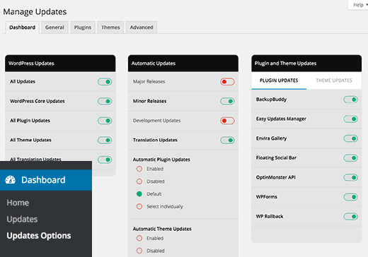 Manage WordPress updates page Manage WordPress updates page