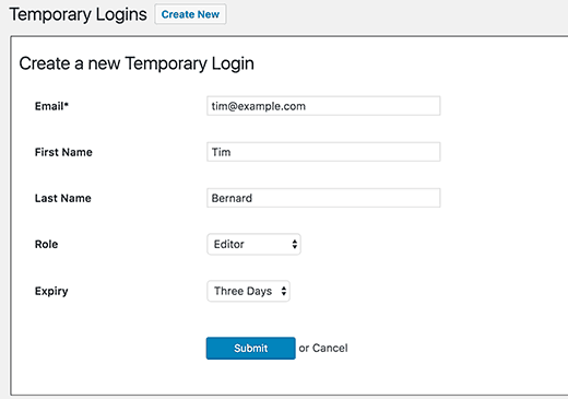 Adding a new temporary account in WordPress Adding a new temporary account in WordPress