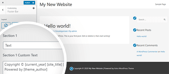Astra theme footer credits customizer