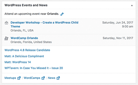 WordPress events and news widget