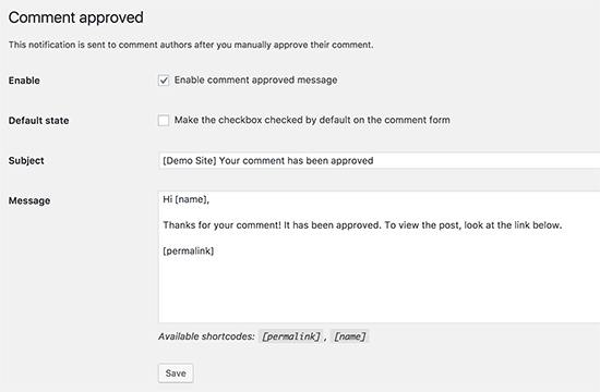 Comment Approved settings