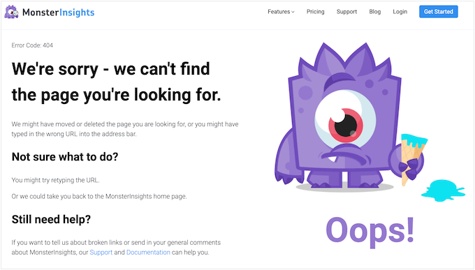 The MonsterInsights custom 404 error design