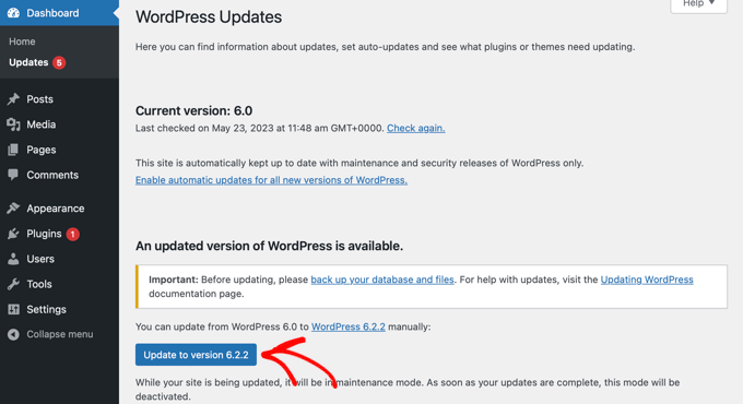 Updating WordPress Core From the Dashboard