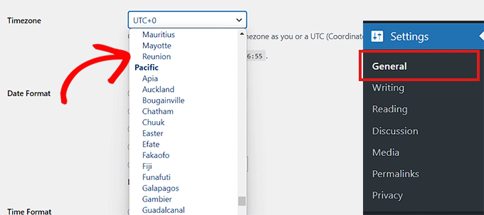 Choose a timezone from the dropdown menu