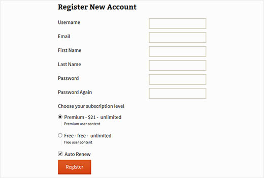 Registration page with your Restrict Content Pro subscription levels