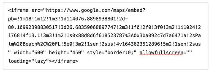 Код вставки iFrame Google Maps в редакторе блоков