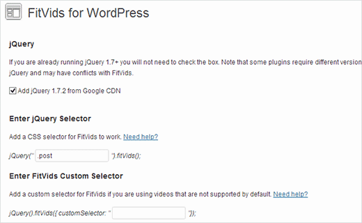 Настройки плагина FitVids для WordPress