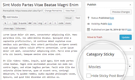 Метабокс прилипания категории на экране редактирования поста в WordPress