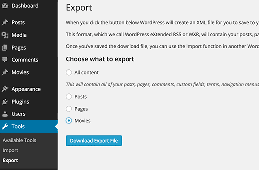Экспорт пользовательских типов постов в XML-файл с помощью встроенного инструмента экспорта WordPress