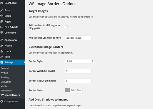 Página de configuración del complemento WP Image Borders