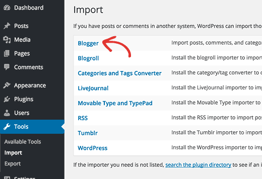 Blogger importer under WordPress import tools