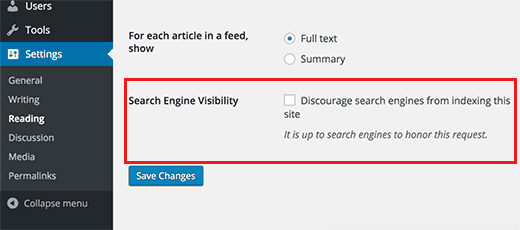 Opción de visibilidad del motor de búsqueda en la configuración de WordPress