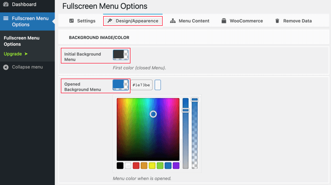 Full Screen Menu Options Design Page - Colors