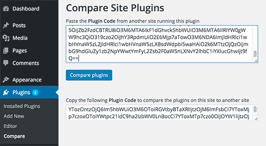 Pegue el código del complemento en el otro sitio de WordPress para comparar