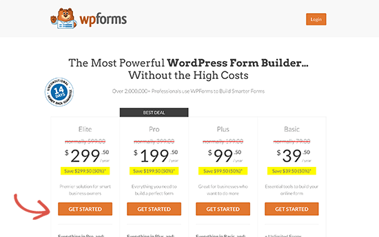 WPForms pricing page with coupon applied
