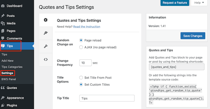 The Quotes and Tips settings page