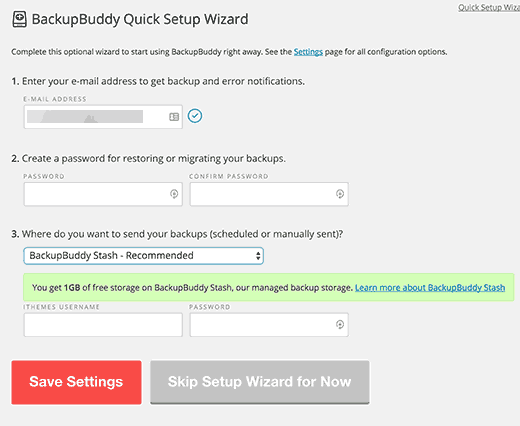 quick setup wizard in BackupBuddy