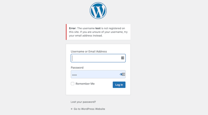 The login hint in WordPress login error messages