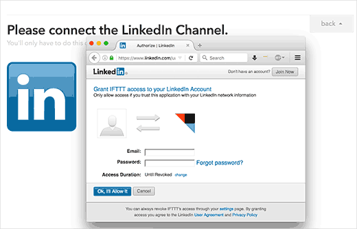 Авторизуйте IFTTT для доступа к вашей учетной записи LinkedIn