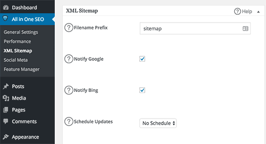 XML Sitemap settings