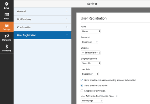 User registration form settings