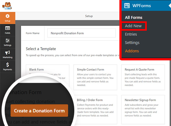 Создайте новую форму пожертвования WordPress