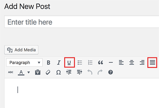 在WordPress帖子编辑器中添加了下划线和对齐文本按钮