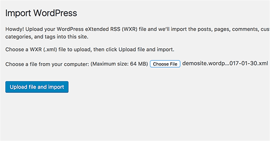 Загрузите файл импорта WordPress