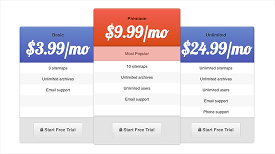 Pricing table preview