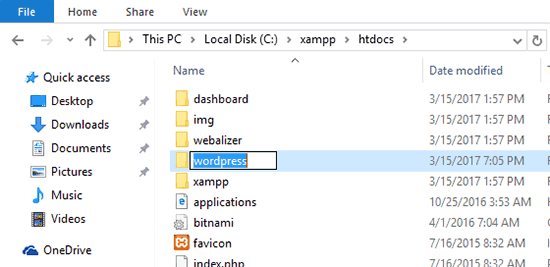 Rename WordPress folder to create site using XAMPP