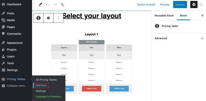 Navigate to Pricing Tables » Add New Page to Create Your First Pricing Table