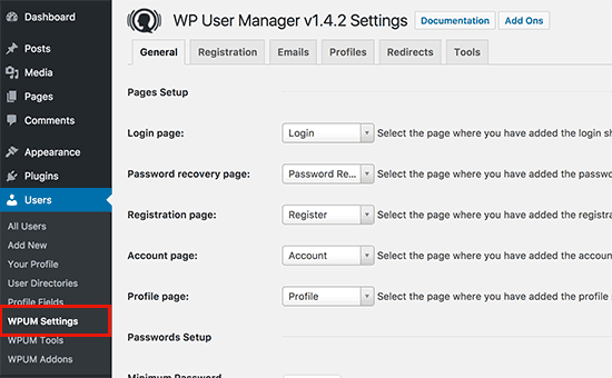 WP User Manager settings page