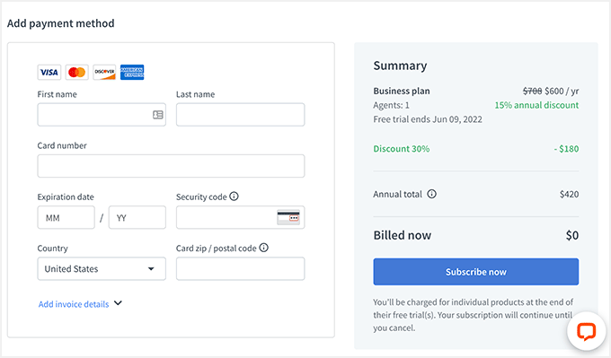 LiveChat payment form