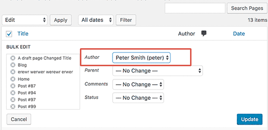 Change author of all pages