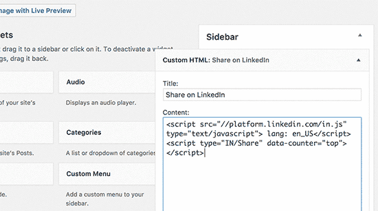 Botón Linkedin en un widget de barra lateral Botón Linkedin en un widget de barra lateral