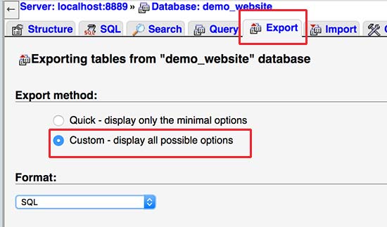 Export database using phpMyAdmin